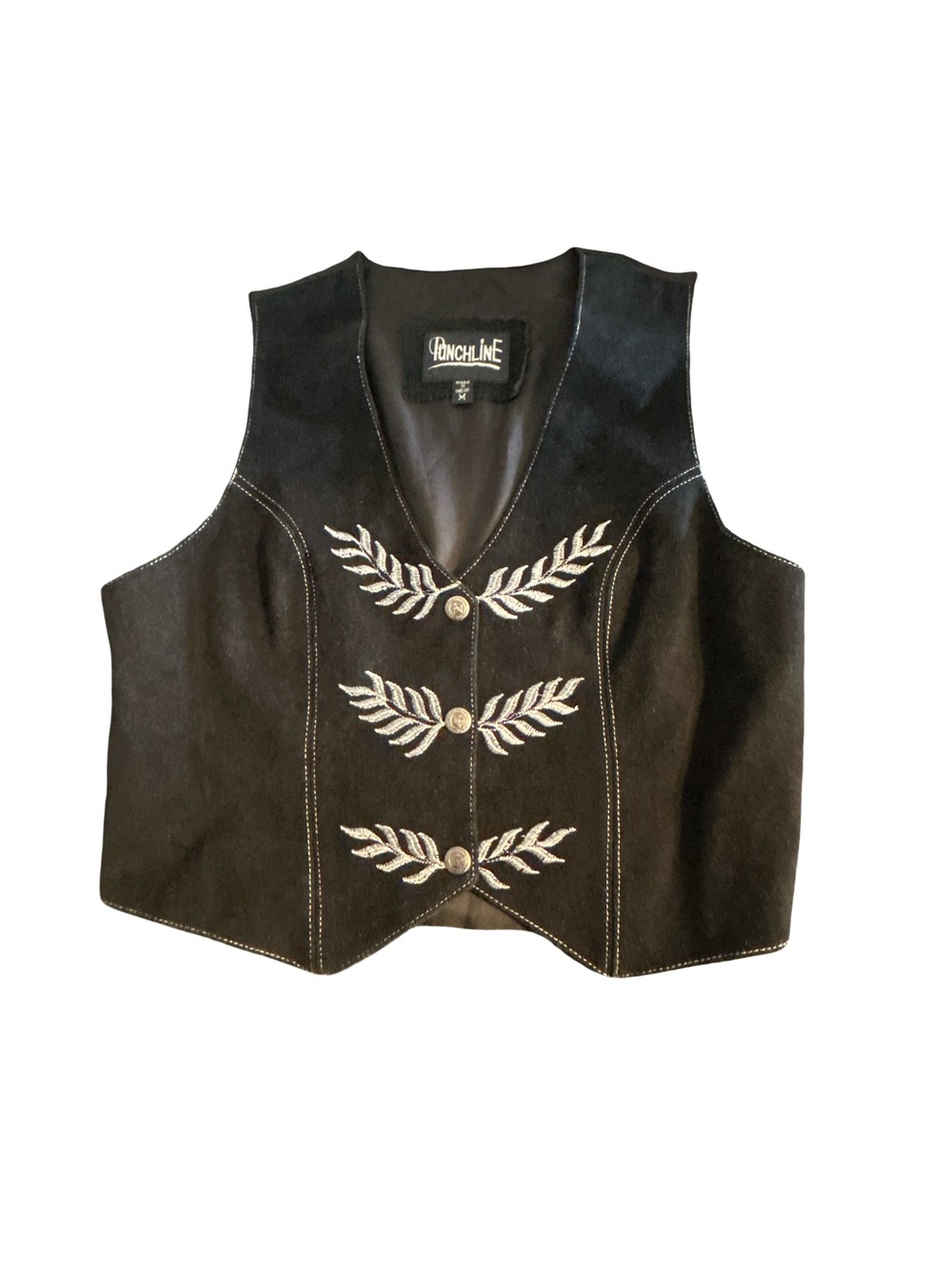 Vintage Punchline Black Genuine Suede Leather Vest Embroidered Foliage Medium